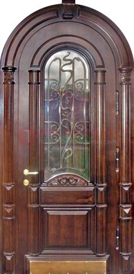 Арочная металлическая дверь массив со стеклом и ковкой ДА-50 в Талдоме