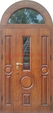 Двустворчатая железная дверь МДФ со стеклом в форме арки ДА-52 в Талдоме