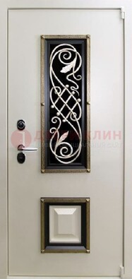 Белая стальная дверь с ковкой со стеклопакетом и МДФ ДК-30 в Талдоме