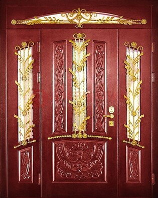 Бордовая железная парадная дверь со стеклом и ковкой ДПР-75 в Талдоме