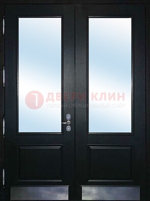 Черная двухстворчатая металлическая дверь со стеклом ДС-25 в Талдоме
