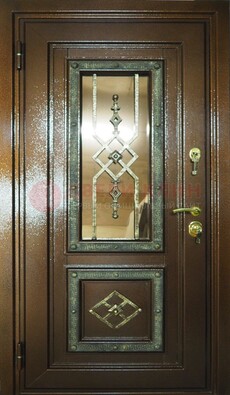 Теплая входная дверь со стеклом и ковкой разноцветной ДСК-13 в Талдоме