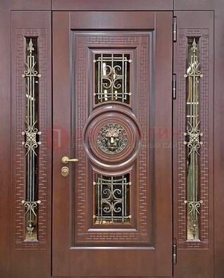 Коричневая стальная дверь со стеклом и ковкой ДСК-147 с фрамугами в Талдоме