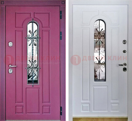Розовая металлическая дверь со стеклом и ковкой ДСК-151 в Талдоме