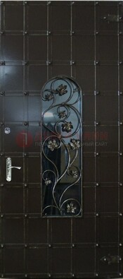 Высокая железная дверь со стеклом и ковкой ДСК-15 в Талдоме