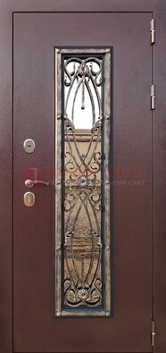Коричневая стальная дверь порошок со стеклом и ковкой для дома ДСК-169 в Талдоме