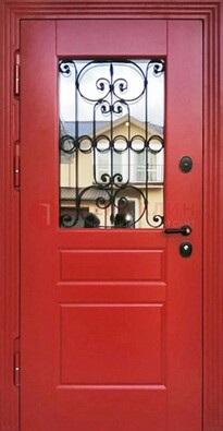 Красная железная дверь Винорит со стеклом и ковкой ДСК-205 в Талдоме