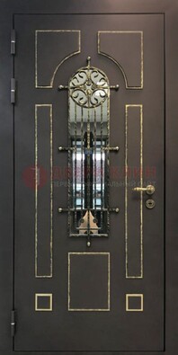 Темная входная дверь Винорит со стеклом и ковкой ДСК-211 в Талдоме
