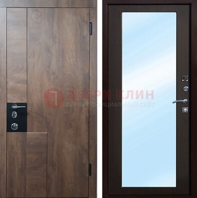 Коричневая металлическая дверь c МДФ с зеркалом ДЗ-106 в Талдоме