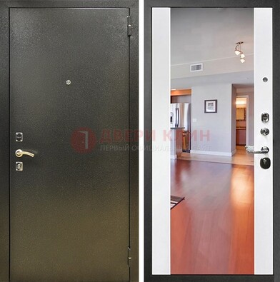 Входная темно-серая дверь c порошковым покрытием и Белой МДФ с зеркалом ДЗ-115 в Талдоме