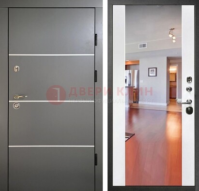 Темная коричневая входная дверь с зеркалом МДФ белая внутри ДЗ-131 в Талдоме