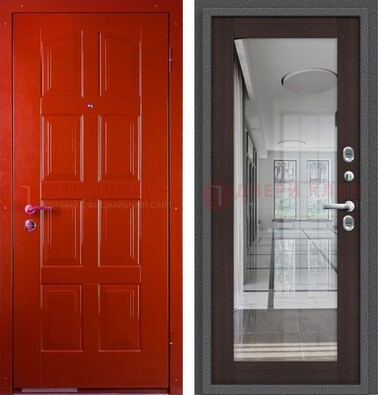 Красная металлическая дверь с МДФ и зеркалом ДЗ-136 в Талдоме