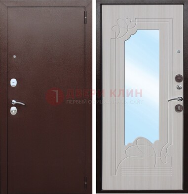 Коричневая металлическая дверь с зеркалом МДФ внутри ДЗ-33 в Талдоме