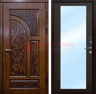 Коричневая входная дверь c узором и виноритом МДФ с зеркалом ДЗ-98 в Талдоме