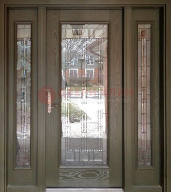 Коричневая стальная дверь с массивом дуба с витражом ВЖ-16 в Талдоме