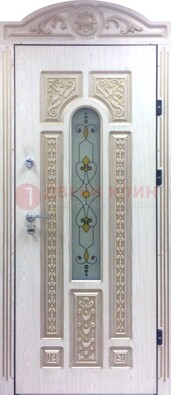 Белая железная дверь с МДФ и витражом ВЖ-26 в Талдоме
