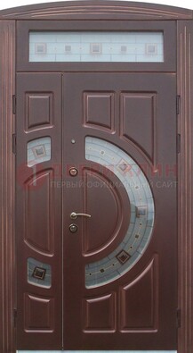 Коричневая двухстворчатая железная дверь с МДФ и витражом ВЖ-29 в Талдоме