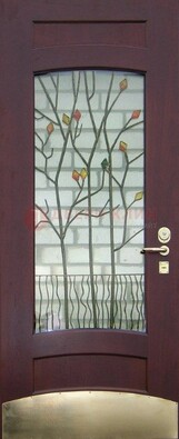 Бордовая стальная дверь с витражом и декоративным элементом ВЖ-3 в Талдоме